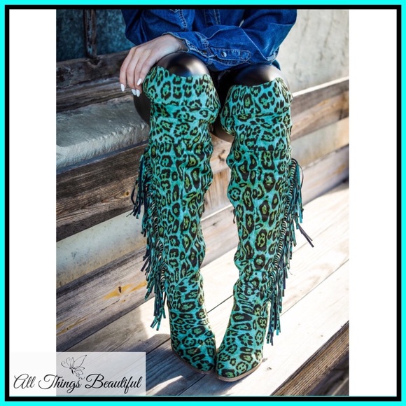 LAST PAIR SZ 6 •L&B Turquoise Leopard Tall Boots• - Picture 6 of 10